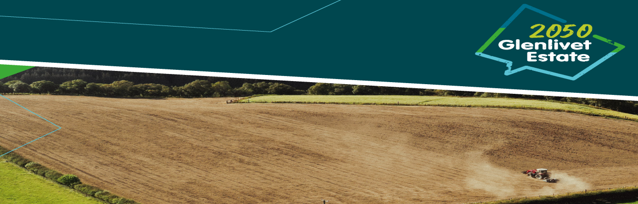 Glenlivet Estate 2050 branding over an image of a field being ploughed on the Glenlivet Estate