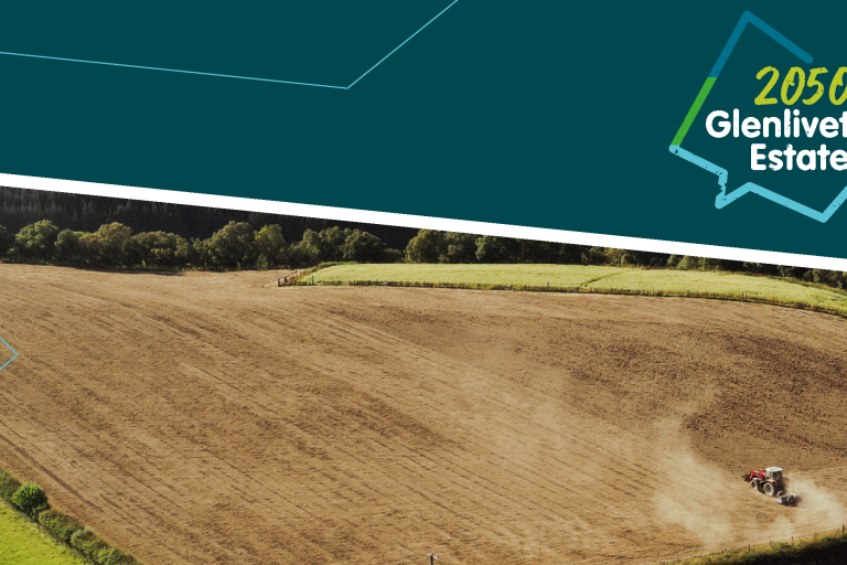 Glenlivet Estate 2050 branding over an image of a field being ploughed on the Glenlivet Estate